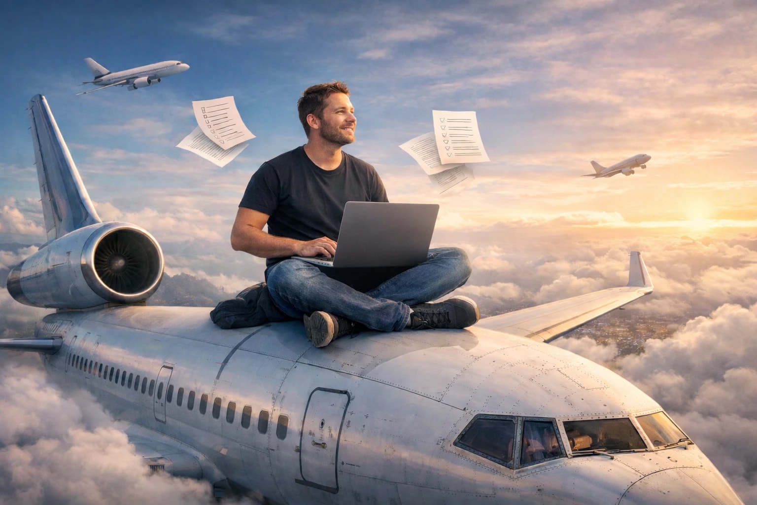 Mann mit Laptop auf Flugzeug sitzend